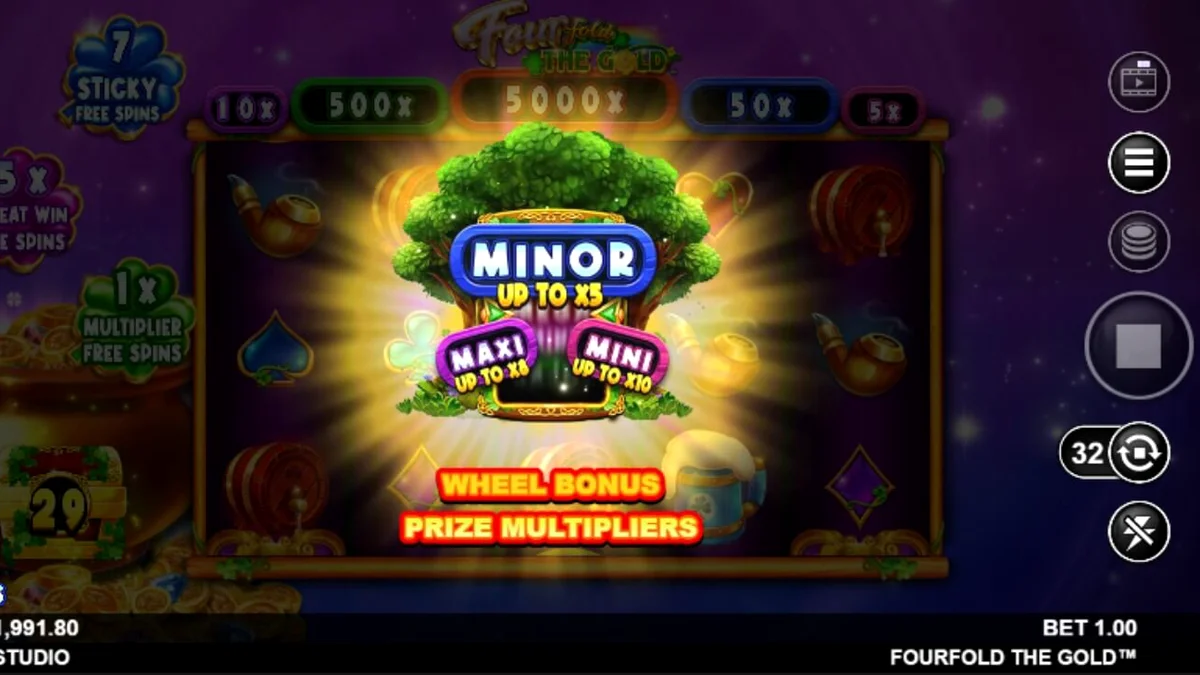 Tampilan visual slot Fourfold the Gold dengan tema luar angkasa dan leprechaun